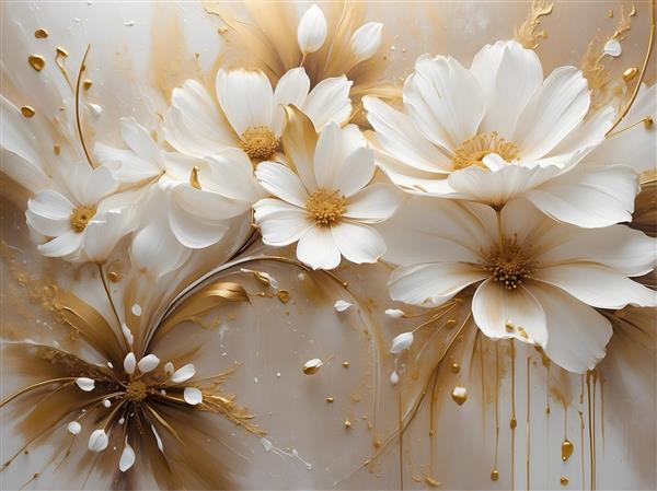 نقاشی گل‌های سفید با جلوه‌های طلایی و بافت برجسته