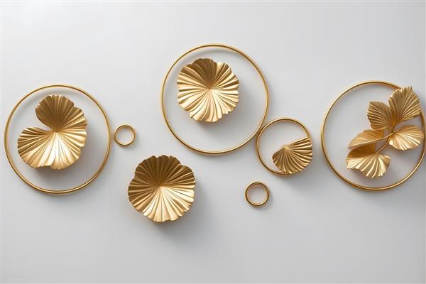 طرح دیواری با حلقه‌های طلایی و برگ‌های مجسمه‌سازی شده سفید