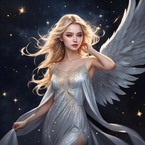فرشته بالدار با موهای بلند بلوند و لباس نقره‌ای در شب پرستاره