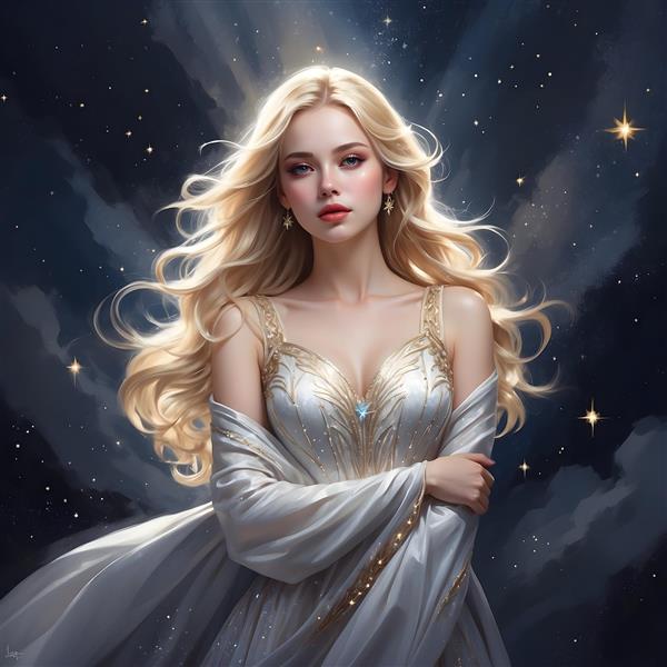 الهه شب با لباس سفید و درخشان زیر نور ستارگان