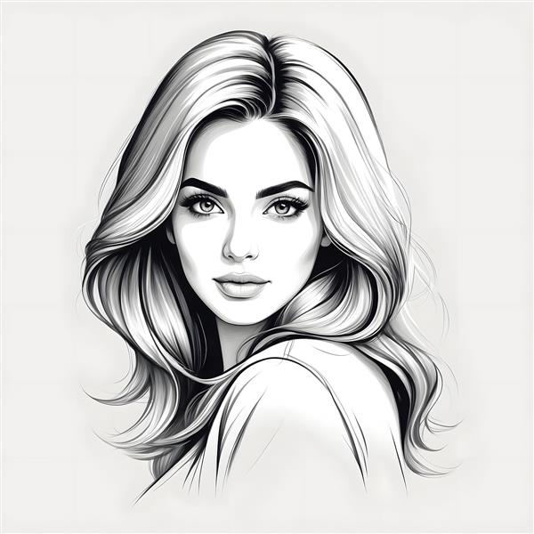 پرتره زن با موهای موج‌دار بلند، طرح خطی سیاه و سفید