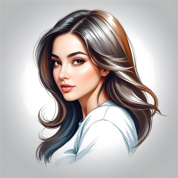 پرتره زن با موهای قهوه‌ای نقره‌ای و لباس سفید، تصویرسازی فشن