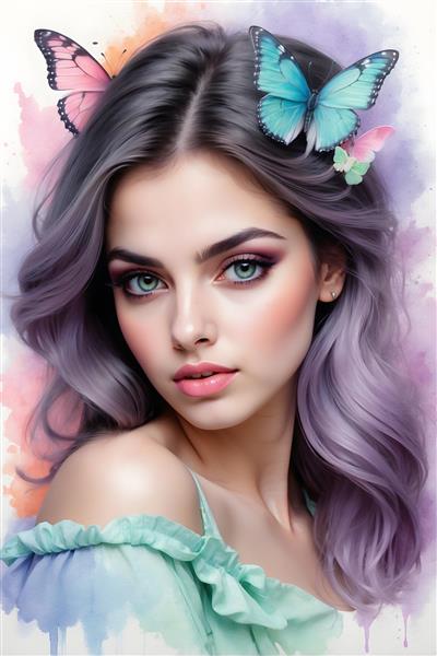 پرتره زن با موهای بنفش و پروانه‌های پاستلی، تصویر هنری آبرنگ
