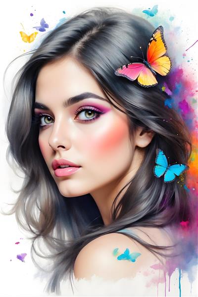زن با موهای خاکستری قهوه‌ای و پروانه‌های صورتی و نارنجی، پرتره فانتزی