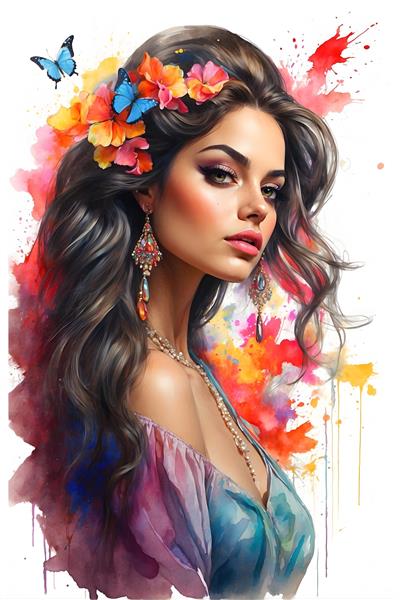 زن با تاج گل و پروانه در موها و لباس آبرنگی