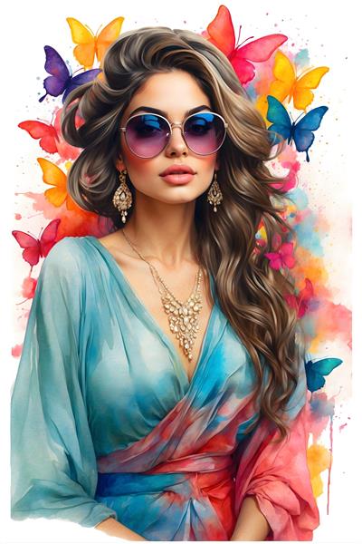 زن با عینک آفتابی، لباس آبی و صورتی و پروانه‌های پررنگ