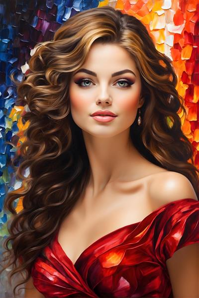 نقاشی زن با کلاه قرمز تزئین شده و موهای تیره، نگاه نافذ