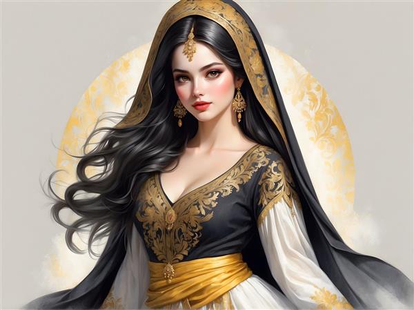 پرتره زن شرقی با لباس طلایی و مشکی و شنل بلند، هنر فانتزی