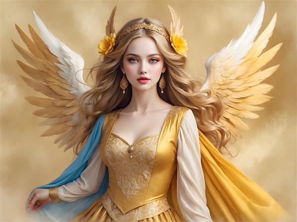 فرشته زن با بال‌های طلایی و لباس باشکوه، طرح فانتزی