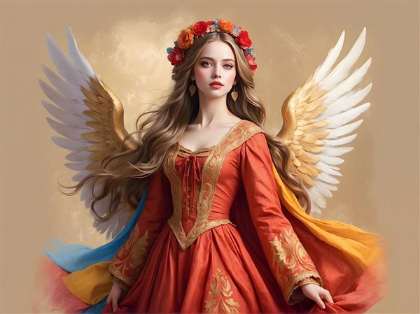 فرشته زن با تاج گل و بال‌های طلایی، لباس نارنجی و آبی