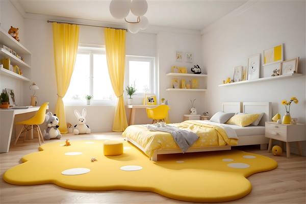 اتاق خواب کودک با دکوراسیون زرد و فرش طرح‌دار، فضای روشن
