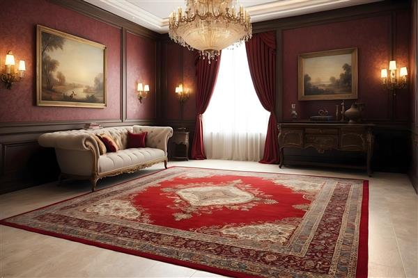 دکوراسیون داخلی مجلل با فرش ایرانی قرمز و دیوارپوش چوبی