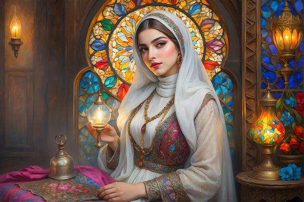 نقاشی زن ایرانی با حجاب و لباس سنتی، چراغ و پنجره رنگی