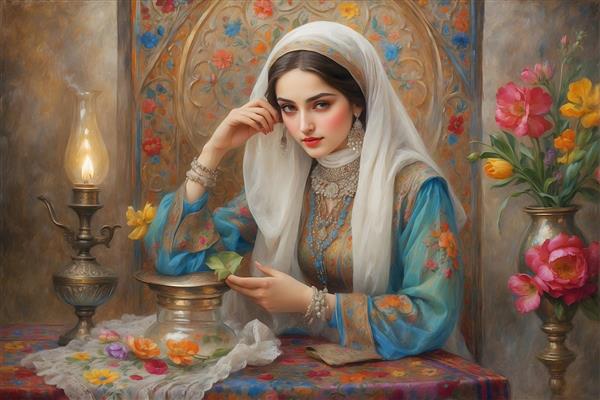 نقاشی زن ایرانی با حجاب و لباس سنتی، چراغ و گل‌های رنگارنگ