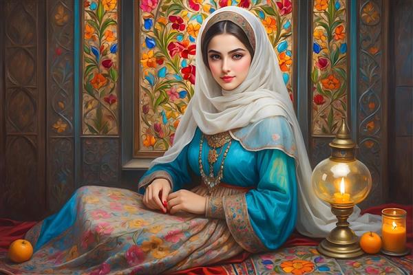 نقاشی زن ایرانی با حجاب و لباس سنتی، فانوس و میوه روی فرش