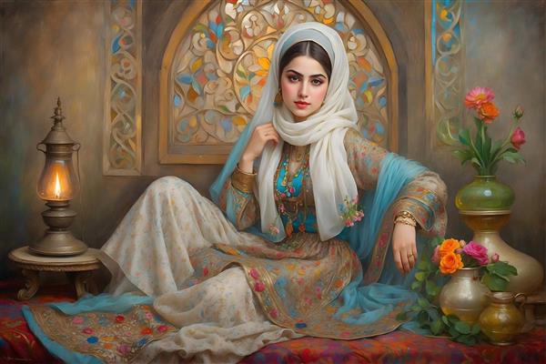 نقاشی زن ایرانی با حجاب و لباس سنتی، فانوس و پس‌زمینه سنتی