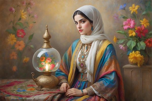 نقاشی زن ایرانی با حجاب و لباس سنتی، فانوس رومیزی و گل