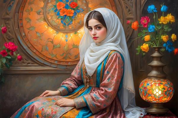 نقاشی زن ایرانی با حجاب و لباس سنتی، فانوس و پنجره دایره‌ای رنگی