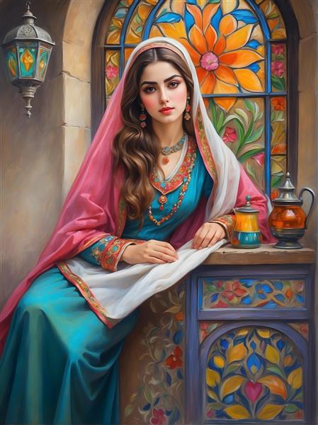 نقاشی زن ایرانی با لباس سنتی آبی و شال صورتی کنار پنجره رنگی