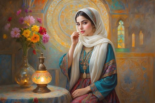 نقاشی زن ایرانی با حجاب و لباس سنتی، فانوس و دیوار با کاشی‌کاری
