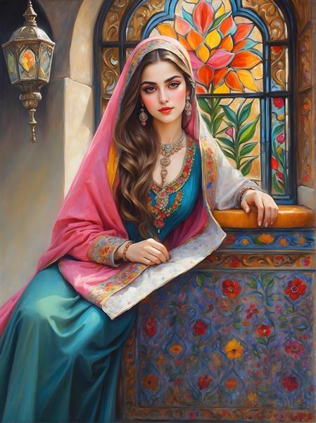 نقاشی زن ایرانی با لباس سنتی و شال صورتی، ظروف قدیمی و پنجره رنگی