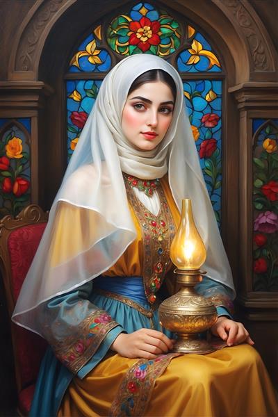 نقاشی زن ایرانی با حجاب و لباس سنتی، فانوس روشن و پنجره رنگی