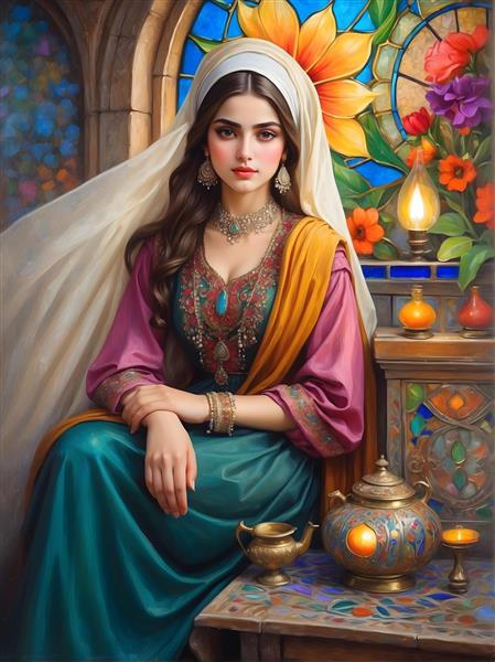 پرتره زن ایرانی با حجاب و لباس سنتی، قوری و چراغ سنتی