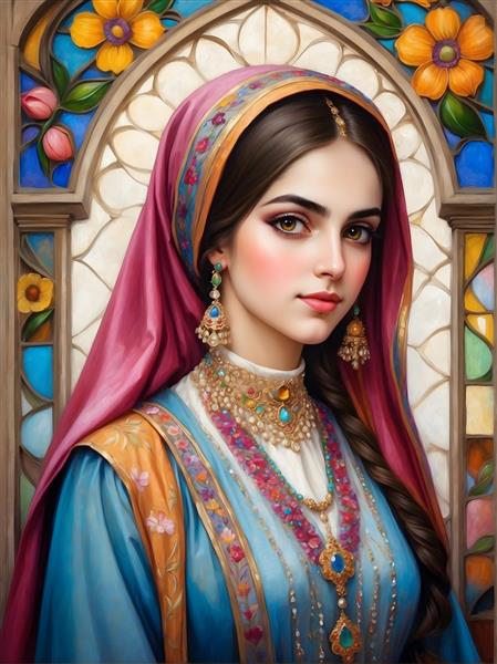 نقاشی زن ایرانی با روسری صورتی و لباس آبی، جواهرات و پنجره رنگی