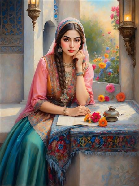 نقاشی زن ایرانی با لباس سنتی صورتی و آبی، خواندن کتاب و گل