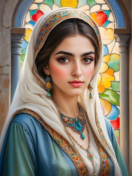 پرتره زن ایرانی با حجاب و لباس سنتی، جواهرات و پنجره رنگی
