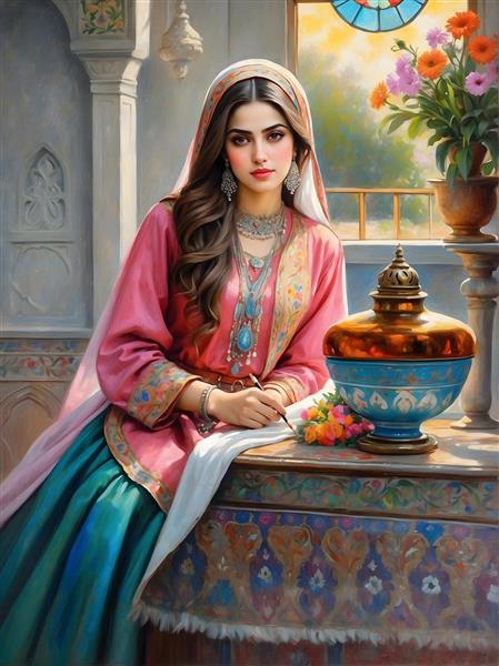 نقاشی زن ایرانی با لباس سنتی صورتی و آبی، میز قلمکار و ظرف قدیمی