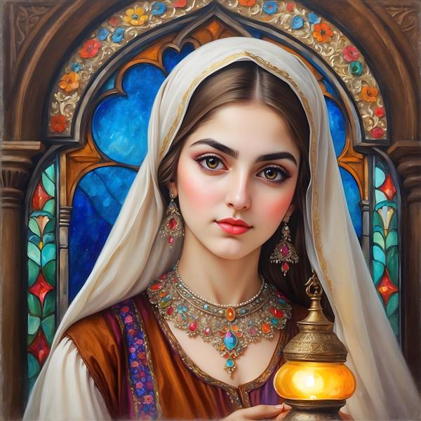 پرتره زن ایرانی با روسری و جواهرات، فانوس و پنجره شیشه‌کاری