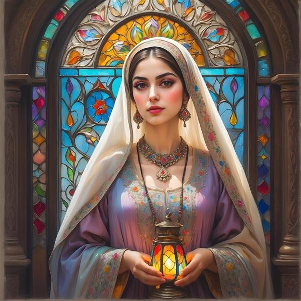 پرتره زن ایرانی با روسری و لباس سنتی، فانوس و پنجره شیشه‌کاری رنگی