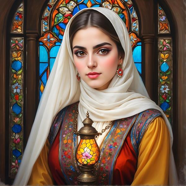 نقاشی زن ایرانی با حجاب و لباس سنتی، فانوس و پنجره رنگی