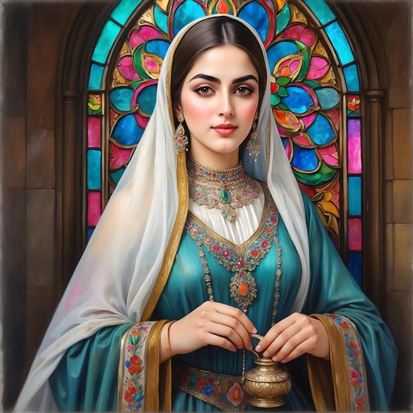 پرتره زن ایرانی با روسری و لباس سنتی فیروزه‌ای، جواهرات و ظرف قدیمی