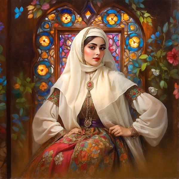 نقاشی زن ایرانی با حجاب و لباس سنتی، جواهرات و پنجره رنگی