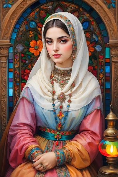 نقاشی زن ایرانی با حجاب و لباس سنتی، جواهرات و پنجره رنگی