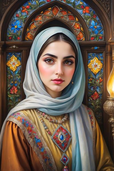 نقاشی زن ایرانی با حجاب آبی و لباس سنتی، جواهرات و پنجره رنگی