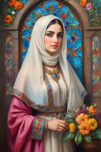 نقاشی زن ایرانی با حجاب و لباس سنتی، دسته گل و پنجره رنگی