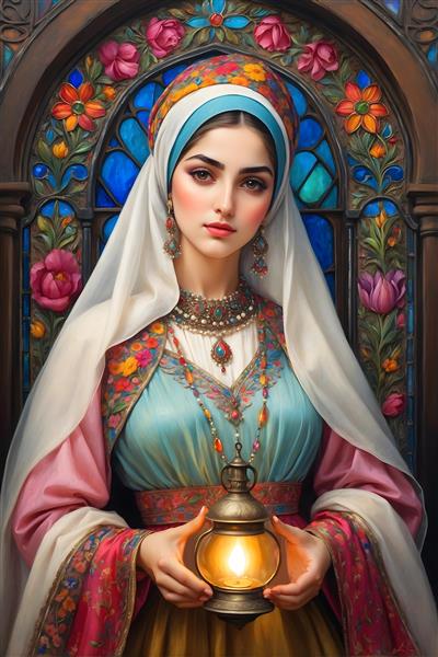 پرتره زن ایرانی با روسری و لباس سنتی، فانوس و پنجره شیشه‌کاری