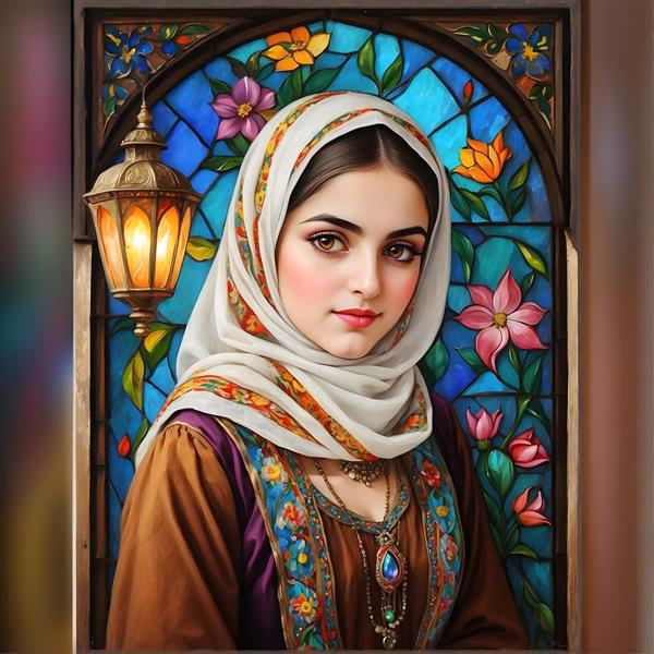 نقاشی زن ایرانی با حجاب و لباس سنتی، فانوس سنتی و پنجره رنگی