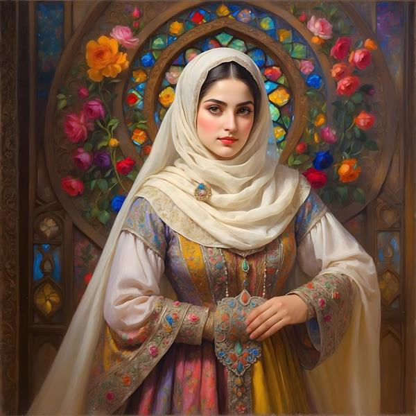نقاشی زن ایرانی با حجاب و لباس سنتی، در مقابل پنجره رنگی گرد