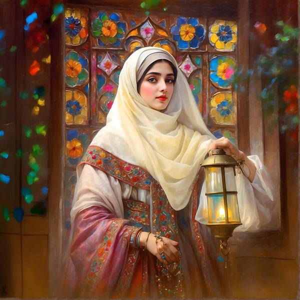 نقاشی زن ایرانی با حجاب و لباس سنتی، فانوس و پنجره رنگی