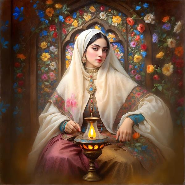 پرتره زن ایرانی با روسری و لباس سنتی، کنار فانوس و پنجره شیشه‌کاری