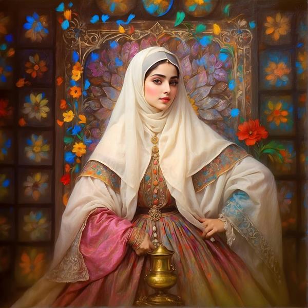 نقاشی زن ایرانی با حجاب و لباس سنتی، فانوس و پنجره‌های رنگی