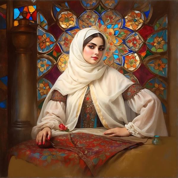 نقاشی زن ایرانی با حجاب و لباس سنتی، بالش و پنجره رنگی