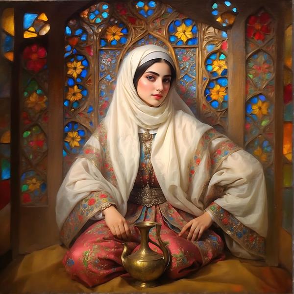 پرتره زن ایرانی با حجاب و لباس سنتی، کوزه قدیمی و پنجره رنگی