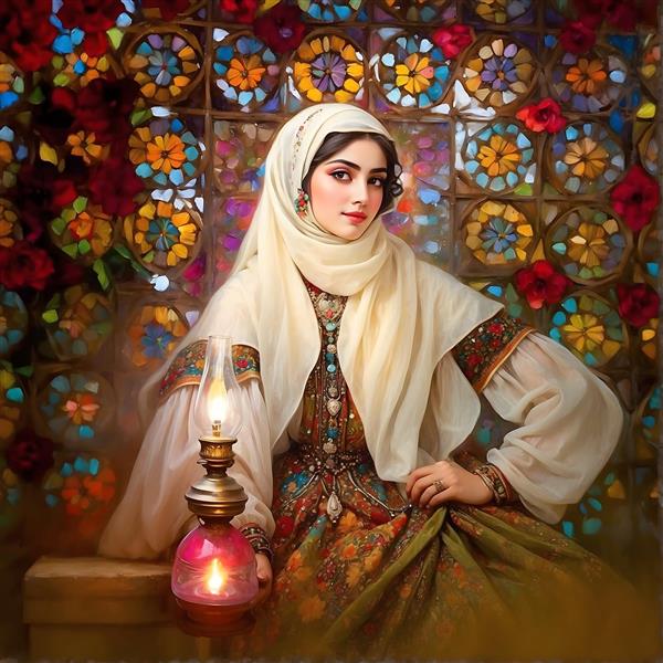 نقاشی زن ایرانی با حجاب و لباس سنتی، فانوس و پنجره‌های رنگارنگ