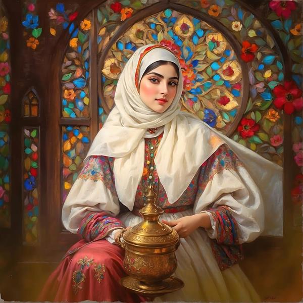 نقاشی زن ایرانی با حجاب و لباس سنتی، ظرف قدیمی و پنجره رنگی