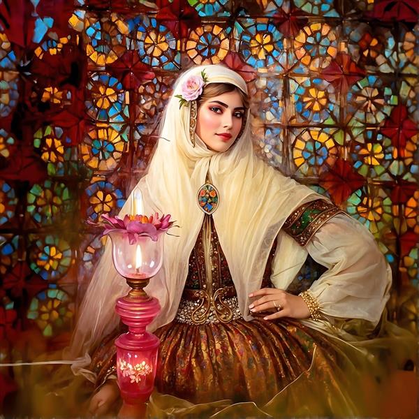 پرتره زن ایرانی با روسری و گل، کنار چراغ رومیزی و پنجره رنگی